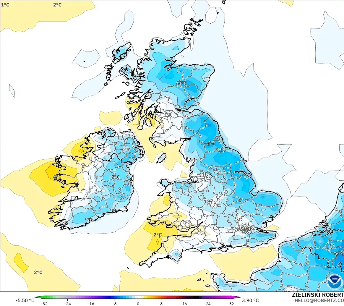 GFS modelo - Reino Unido, Anomalia de temperatura a 2 m