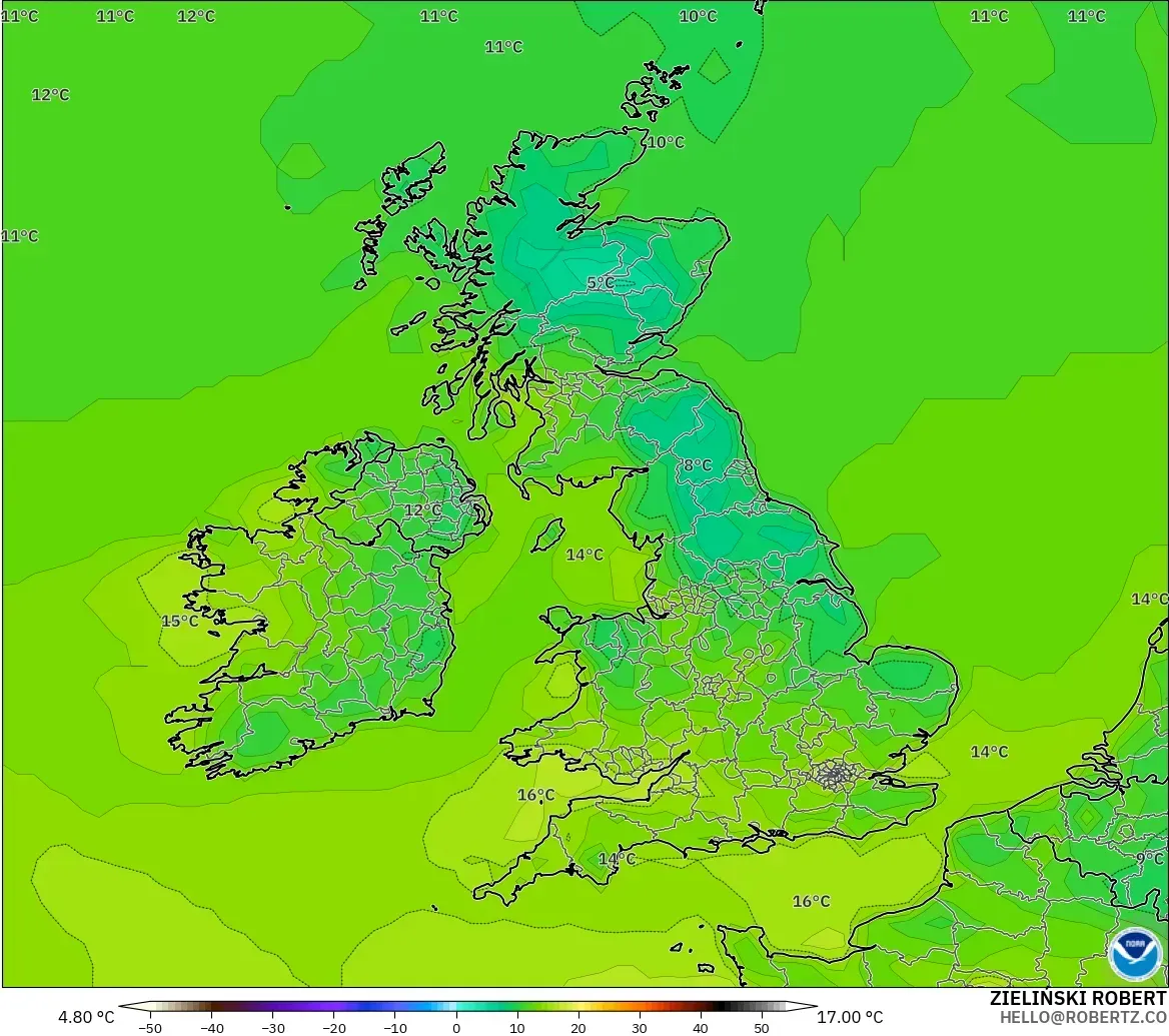 GFS modelo - Reino Unido, Temperatura a 2 m
