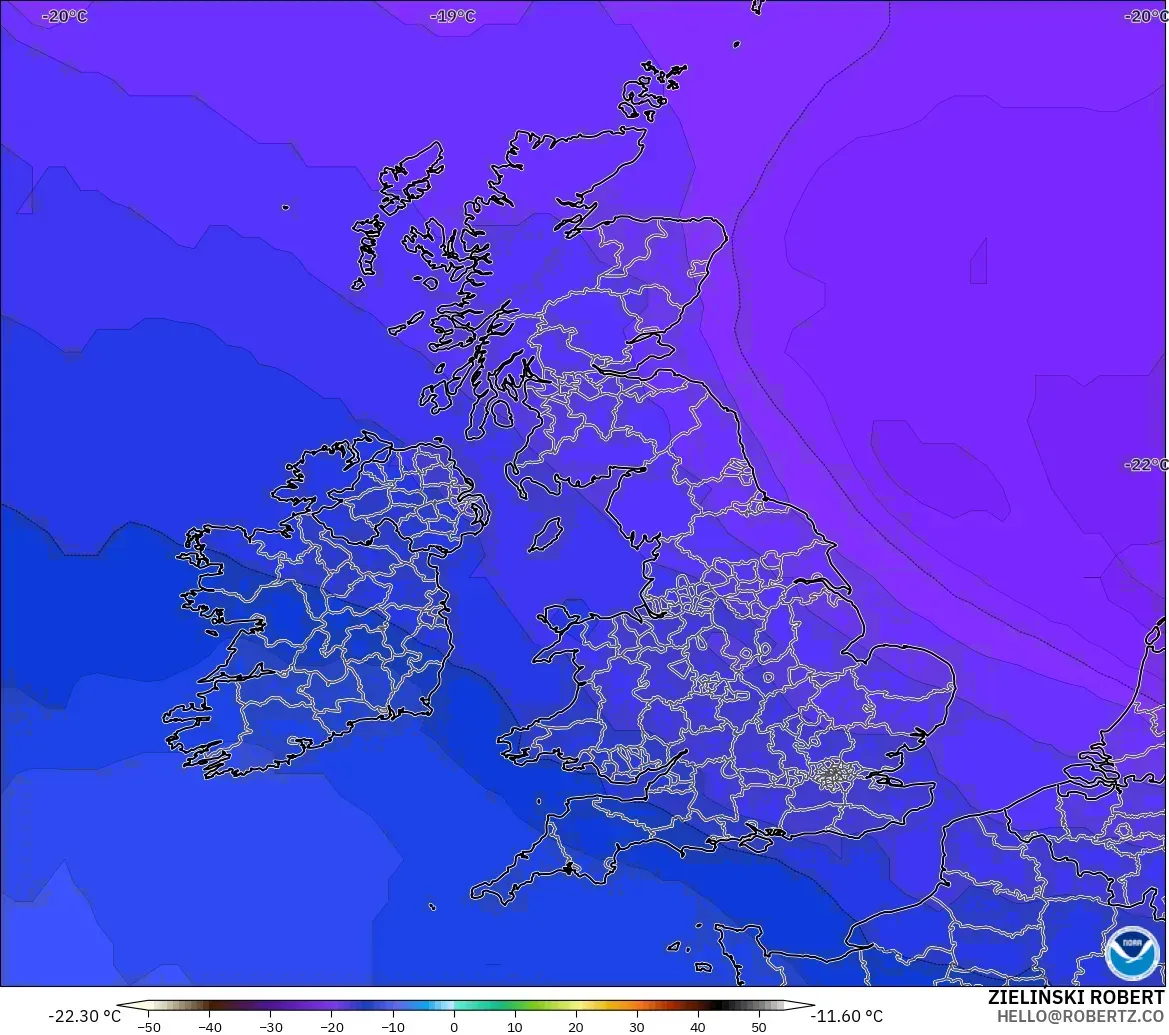 GFS modelo - Reino Unido, Temperatura a 500 hPa