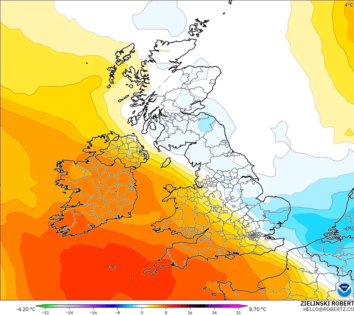 GFS modelo - Reino Unido, Anomalia de temperatura a 850 hPa
