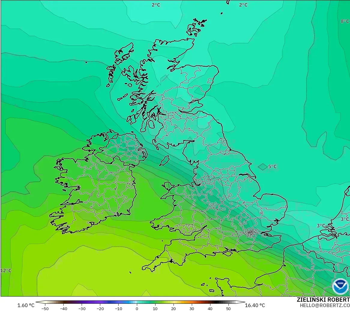 GFS modelo - Reino Unido, Temperatura a 850 hPa