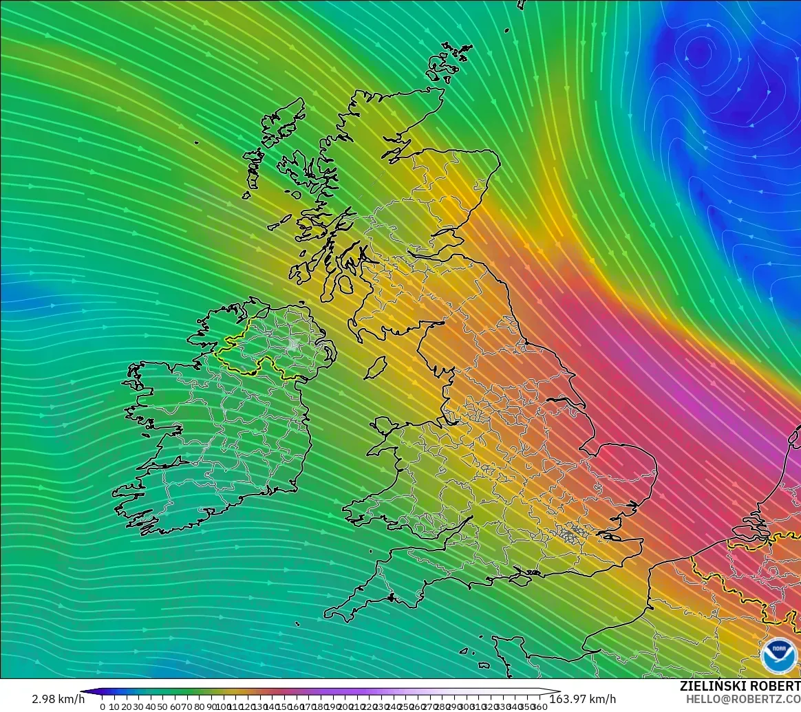 GFS modelo - Reino Unido, Vento a 300 hPa (corrente em jato)