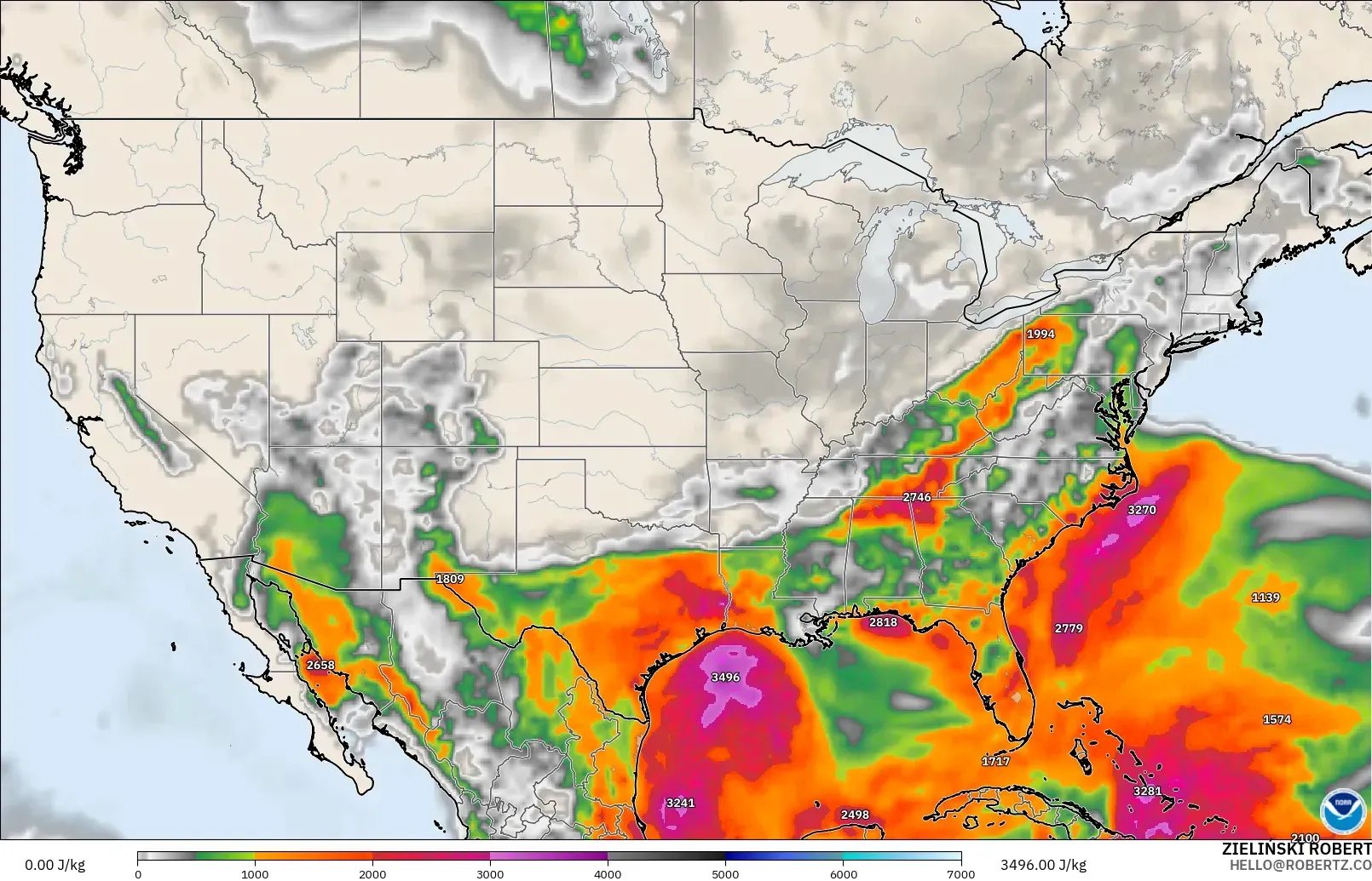 GFS modelo - Estados Unidos, CAPE