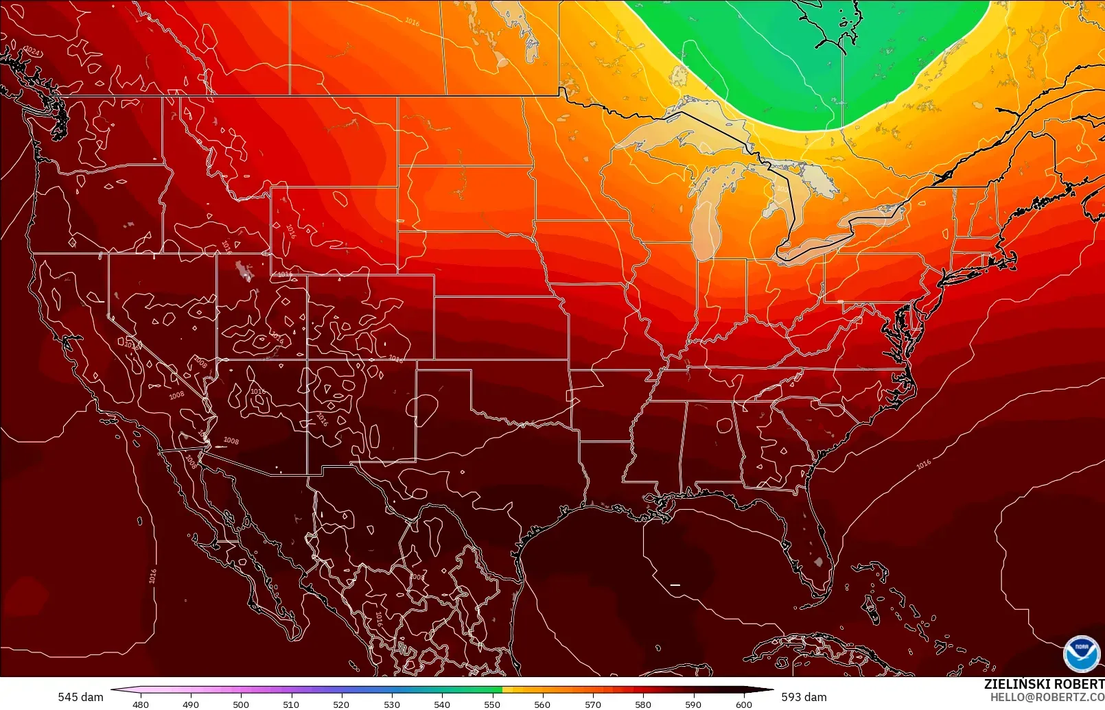 GFS modelo - Estados Unidos, Altura geopotencial a 500 hPa