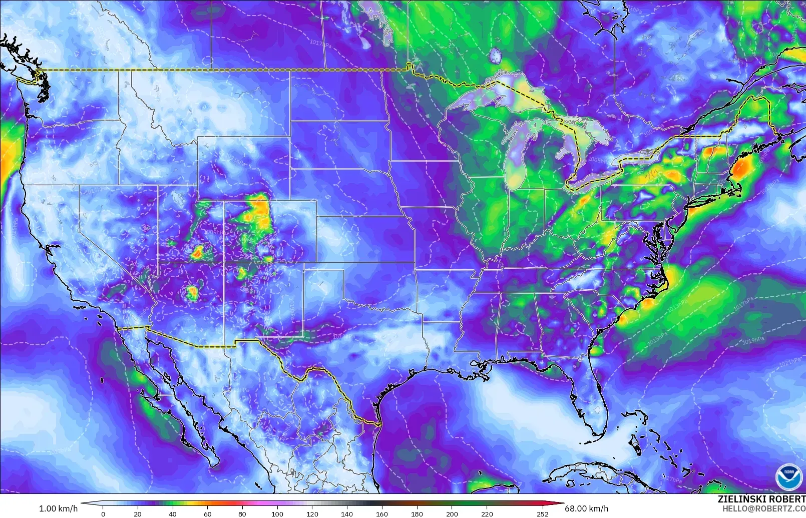 GFS modelo - Estados Unidos, Rajadas de Vento Máximas
