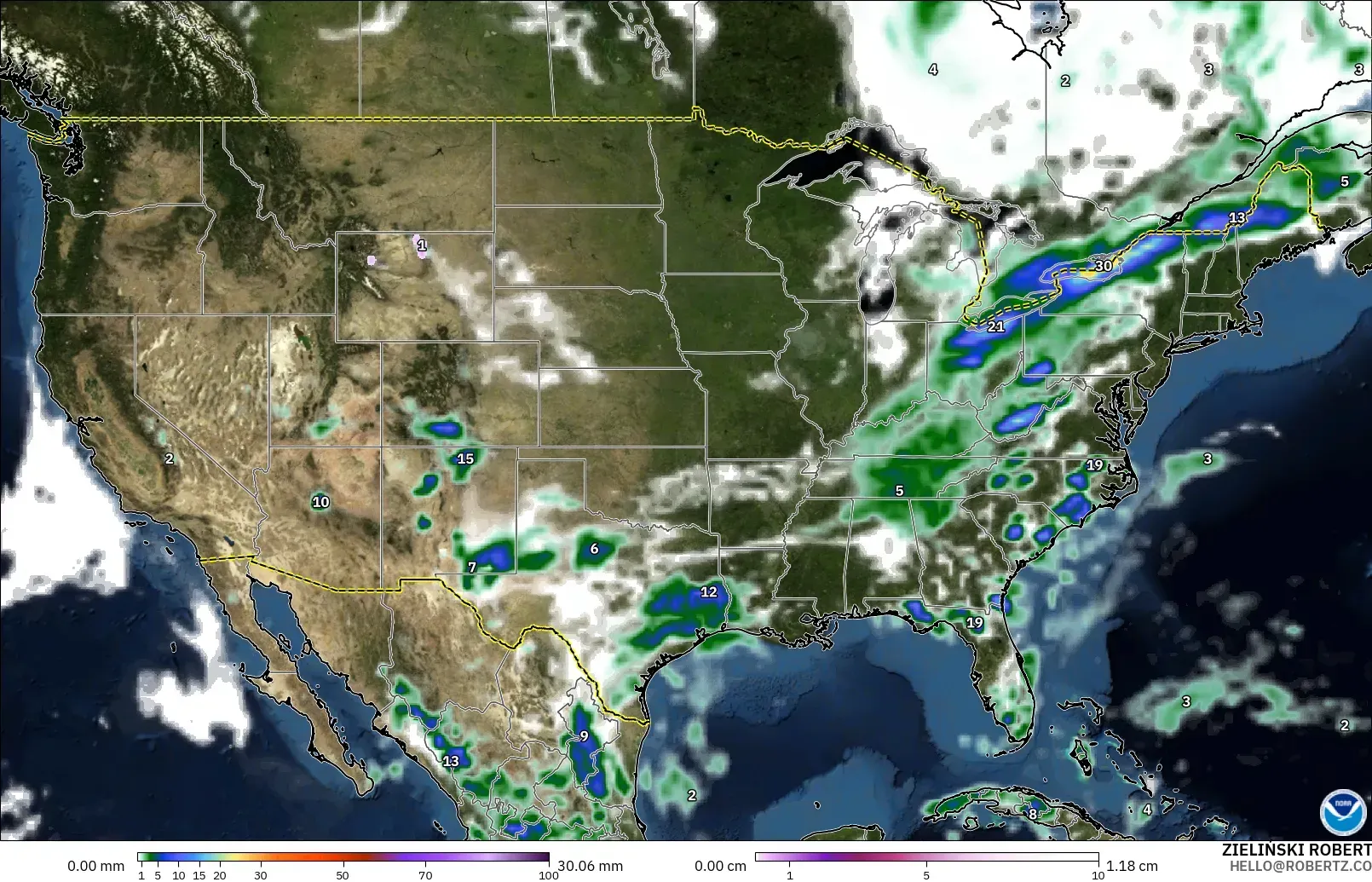 GFS modelo - Estados Unidos, Precipitação, nuvens e pressão