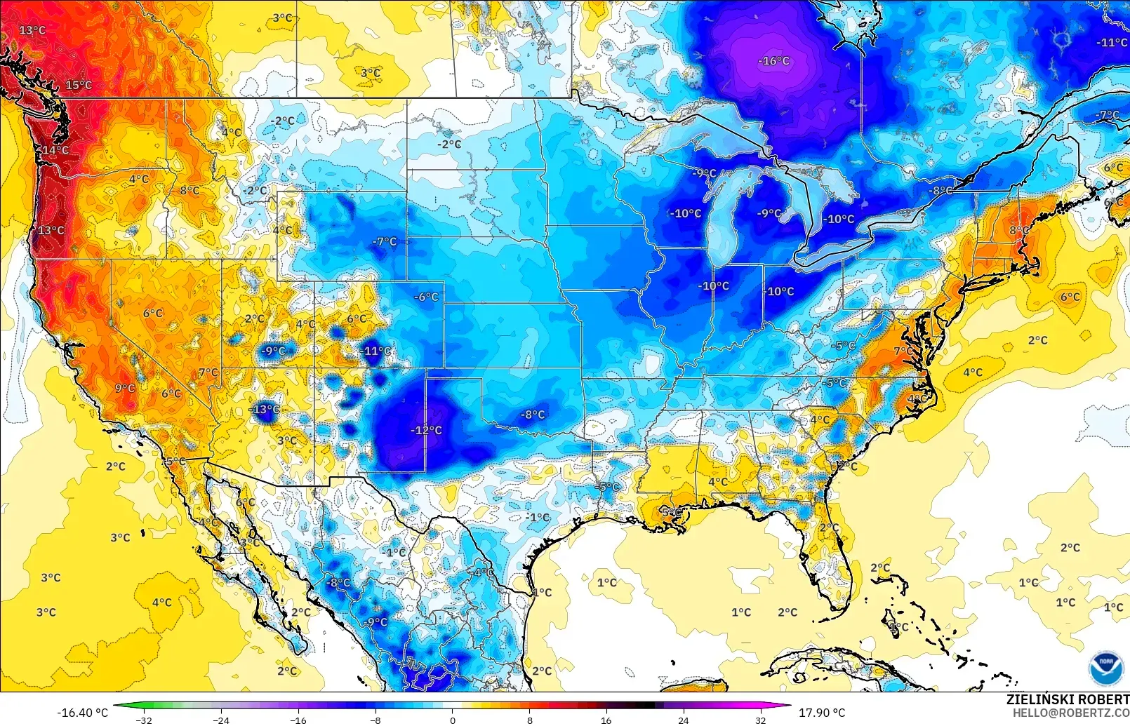 GFS modelo - Estados Unidos, Anomalia de temperatura a 2 m