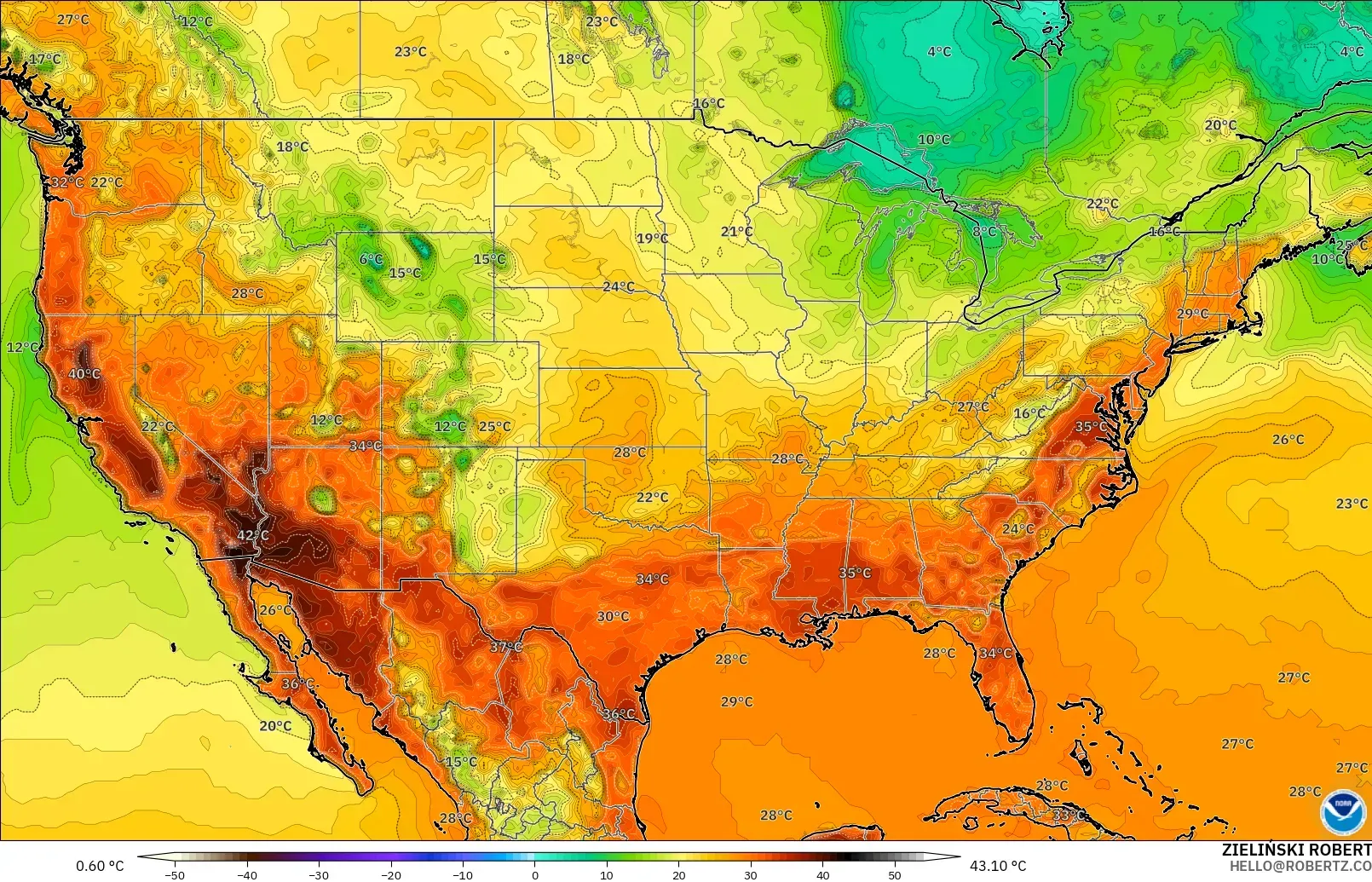 GFS modelo - Estados Unidos, Temperatura a 2 m