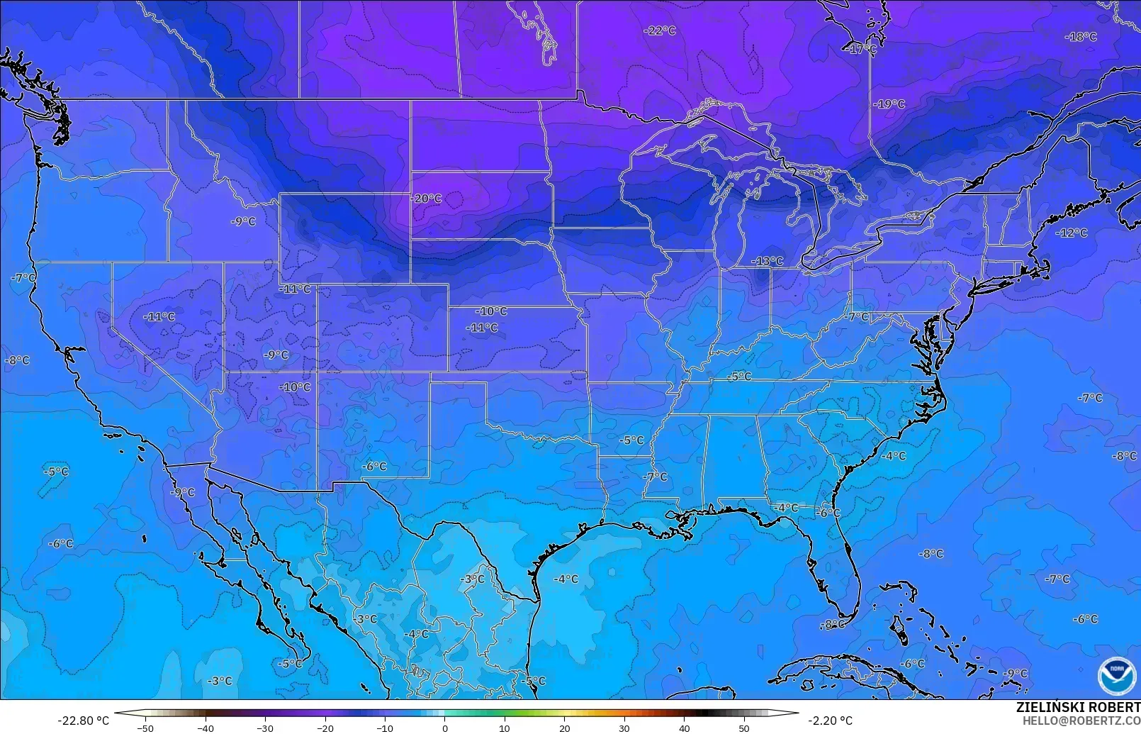 GFS modelo - Estados Unidos, Temperatura a 500 hPa