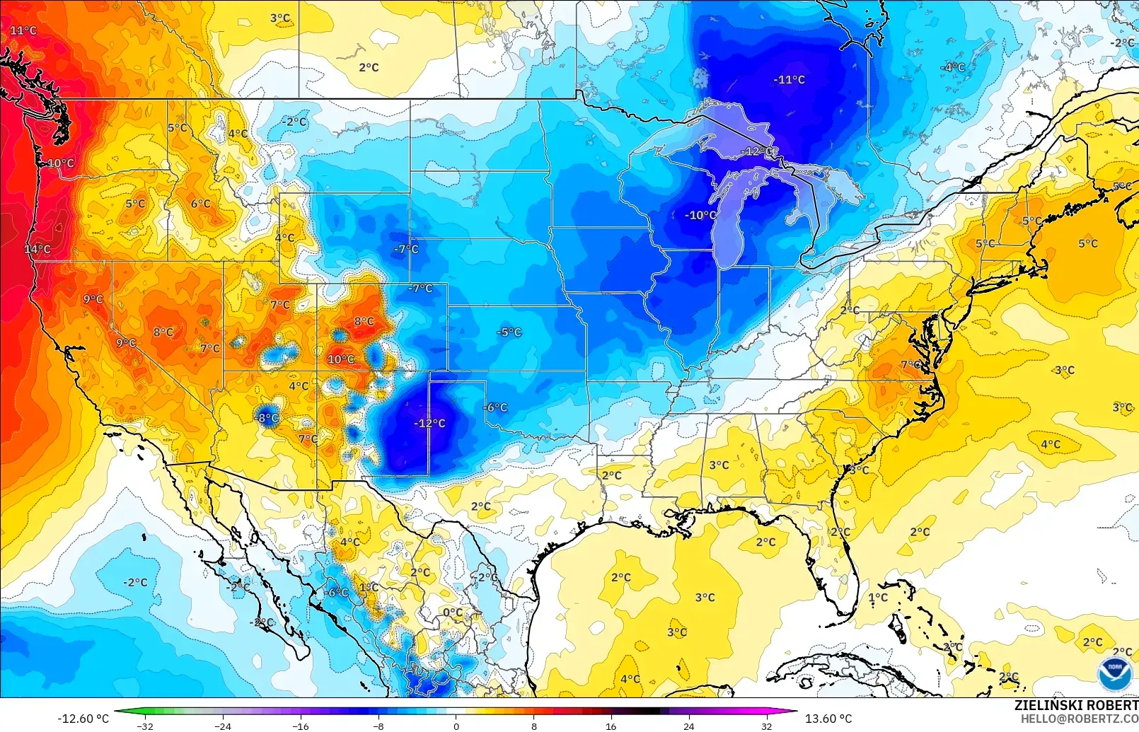 GFS modelo - Estados Unidos, Anomalia de temperatura a 850 hPa