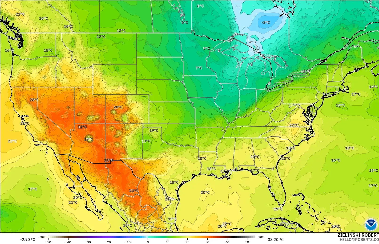 GFS modelo - Estados Unidos, Temperatura a 850 hPa