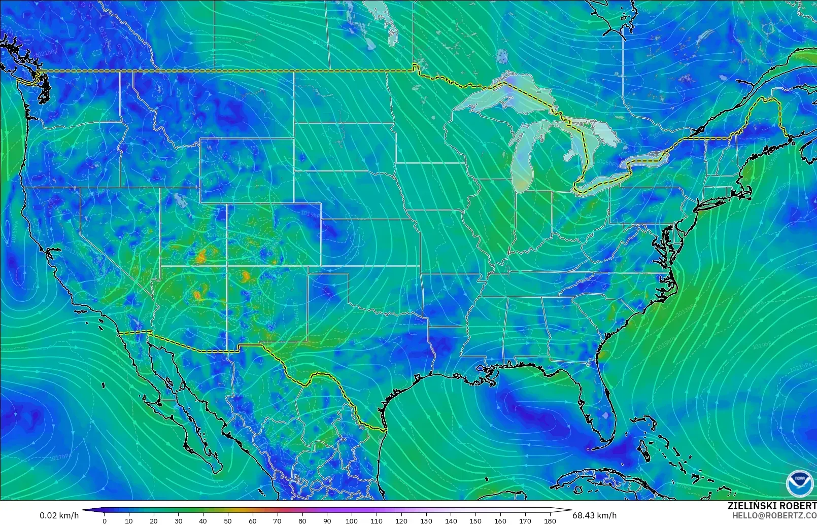 GFS modelo - Estados Unidos, Vento a 10 m