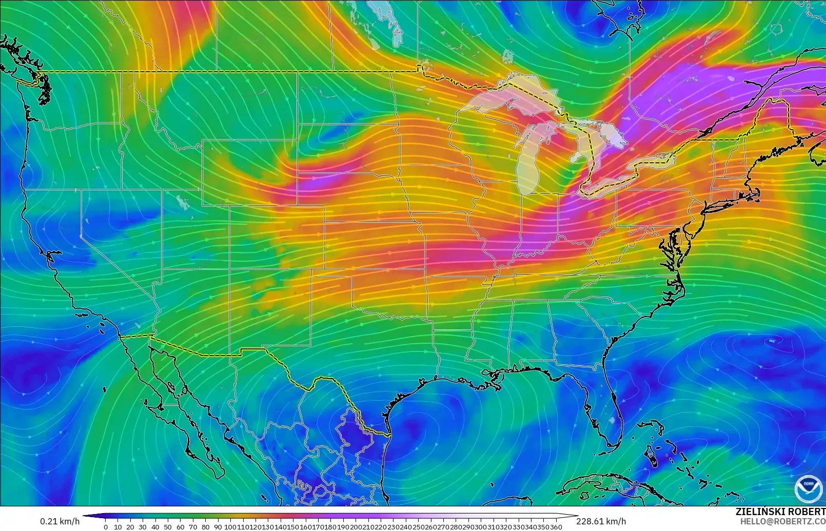 GFS modelo - Estados Unidos, Vento a 300 hPa (corrente em jato)