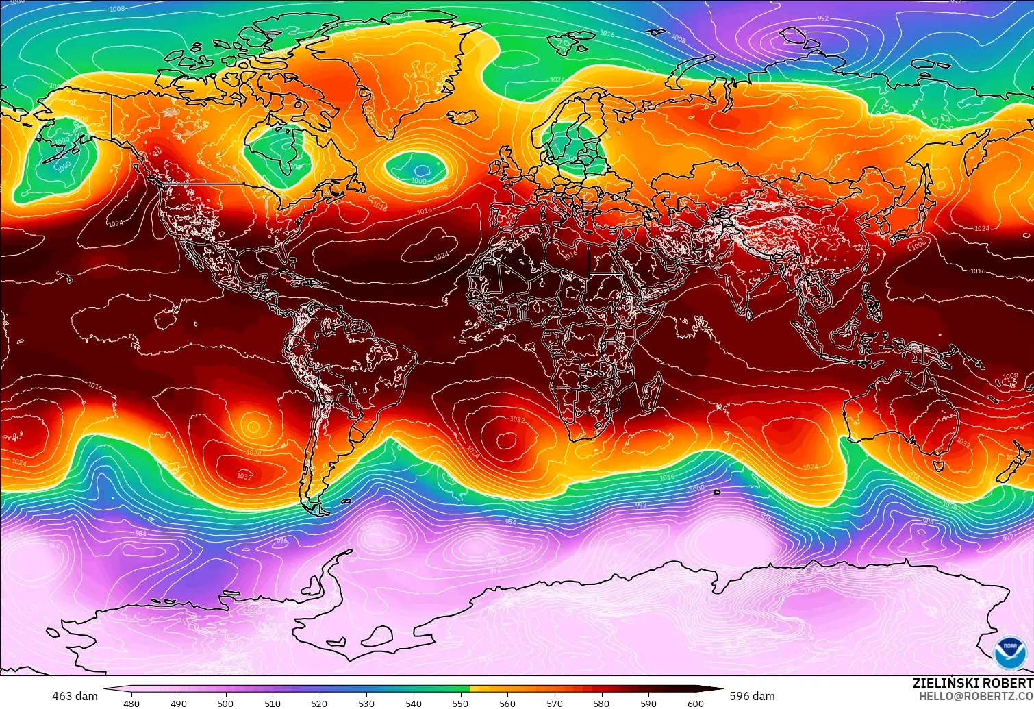 GFS modelo - Mundo, Altura geopotencial a 500 hPa