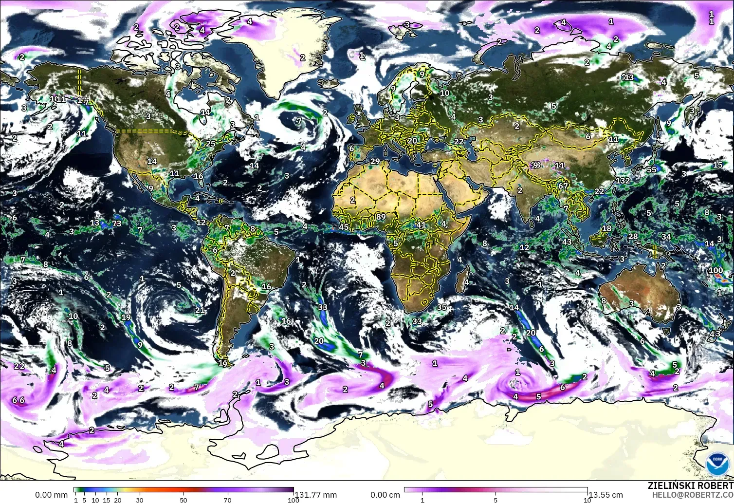GFS modelo - Mundo, Precipitação, nuvens e pressão