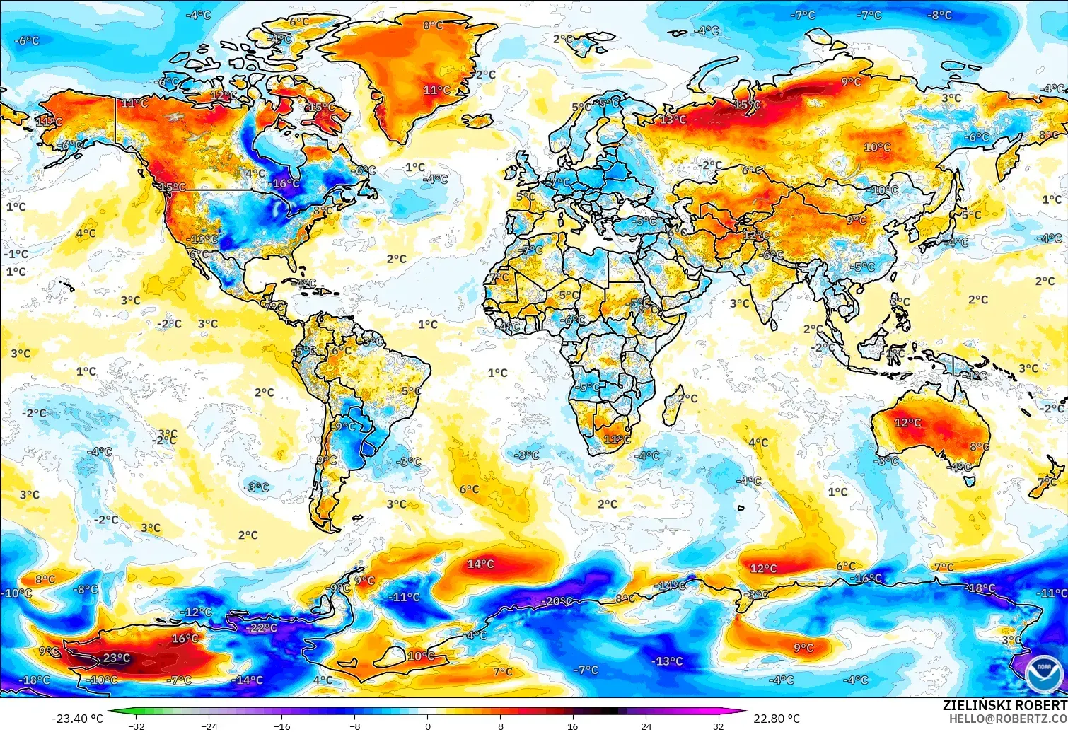 GFS modelo - Mundo, Anomalia de temperatura a 2 m