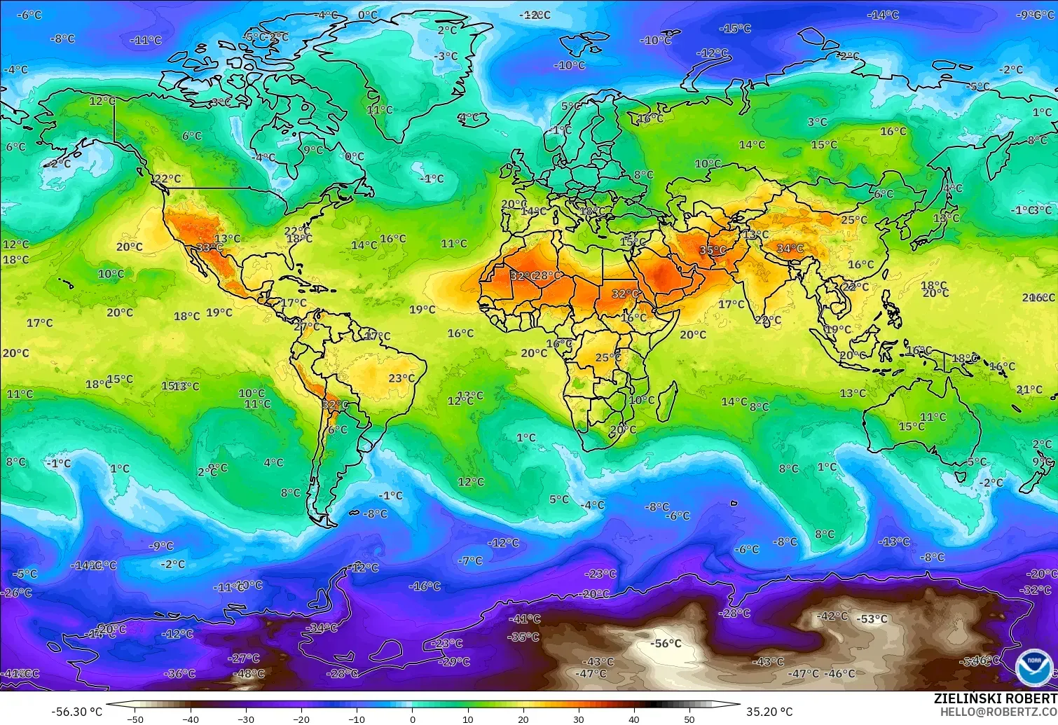 GFS modelo - Mundo, Temperatura a 850 hPa