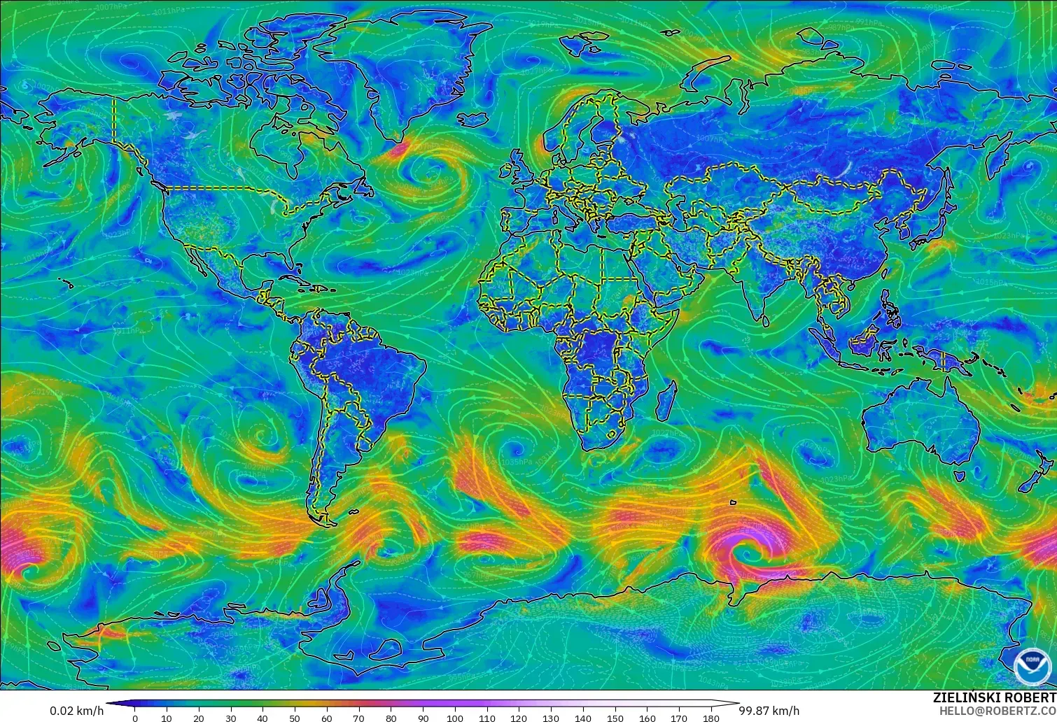 GFS modelo - Mundo, Vento a 10 m