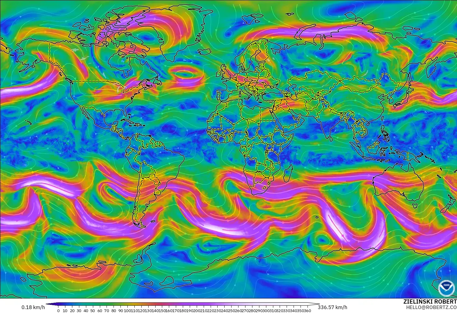 GFS modelo - Mundo, Vento a 300 hPa (corrente em jato)