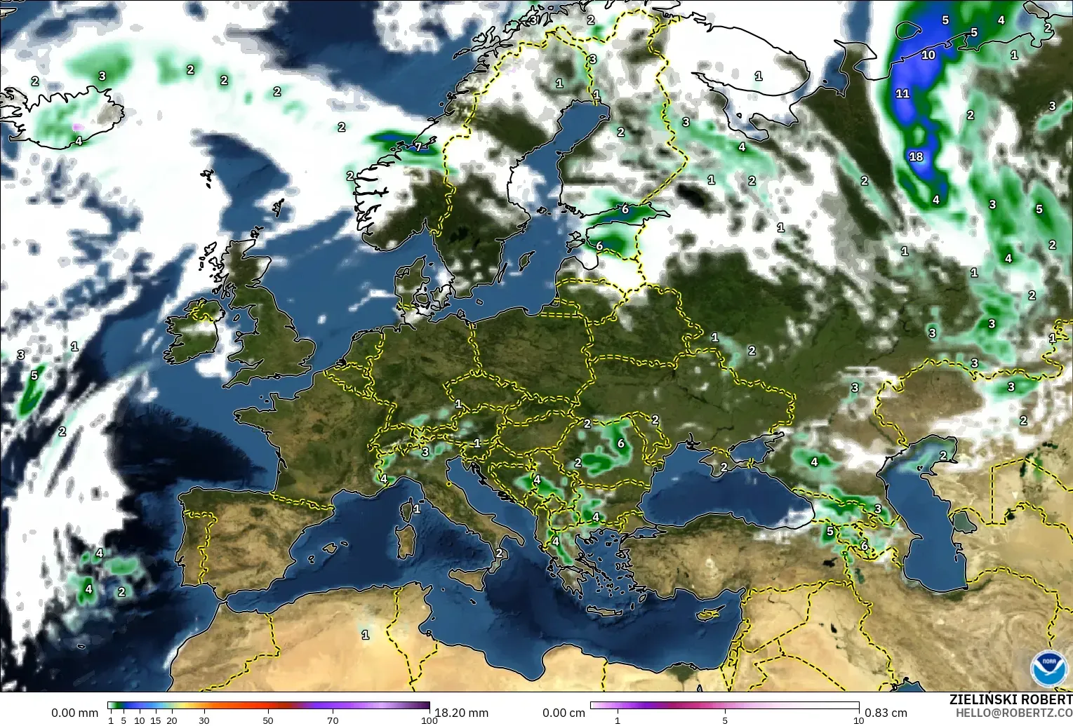 GFS modelo - Europa, Precipitação, nuvens e pressão