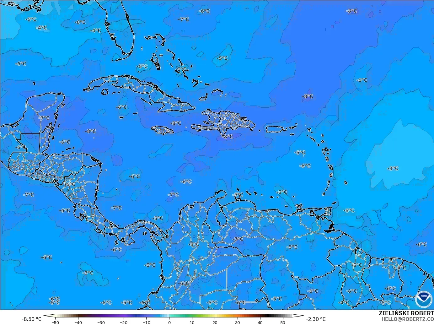 GFS modelo - Caribe, Temperatura a 500 hPa