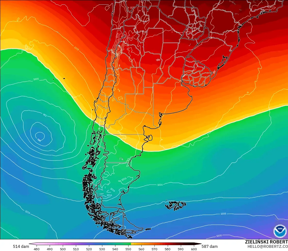 GFS modelo - Argentina, Altura geopotencial a 500 hPa