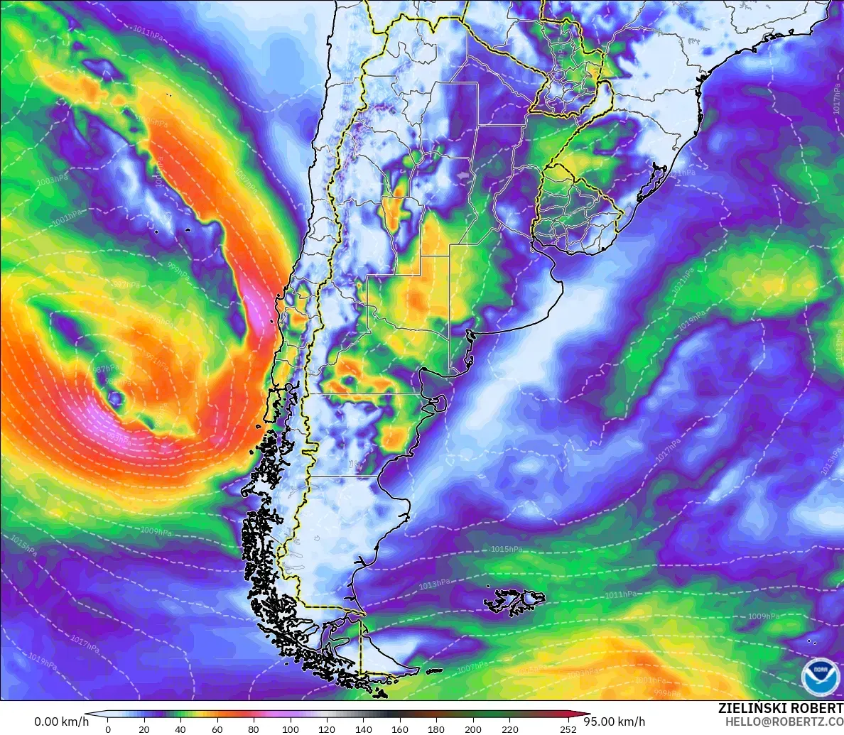 GFS modelo - Argentina, Rajadas de vento