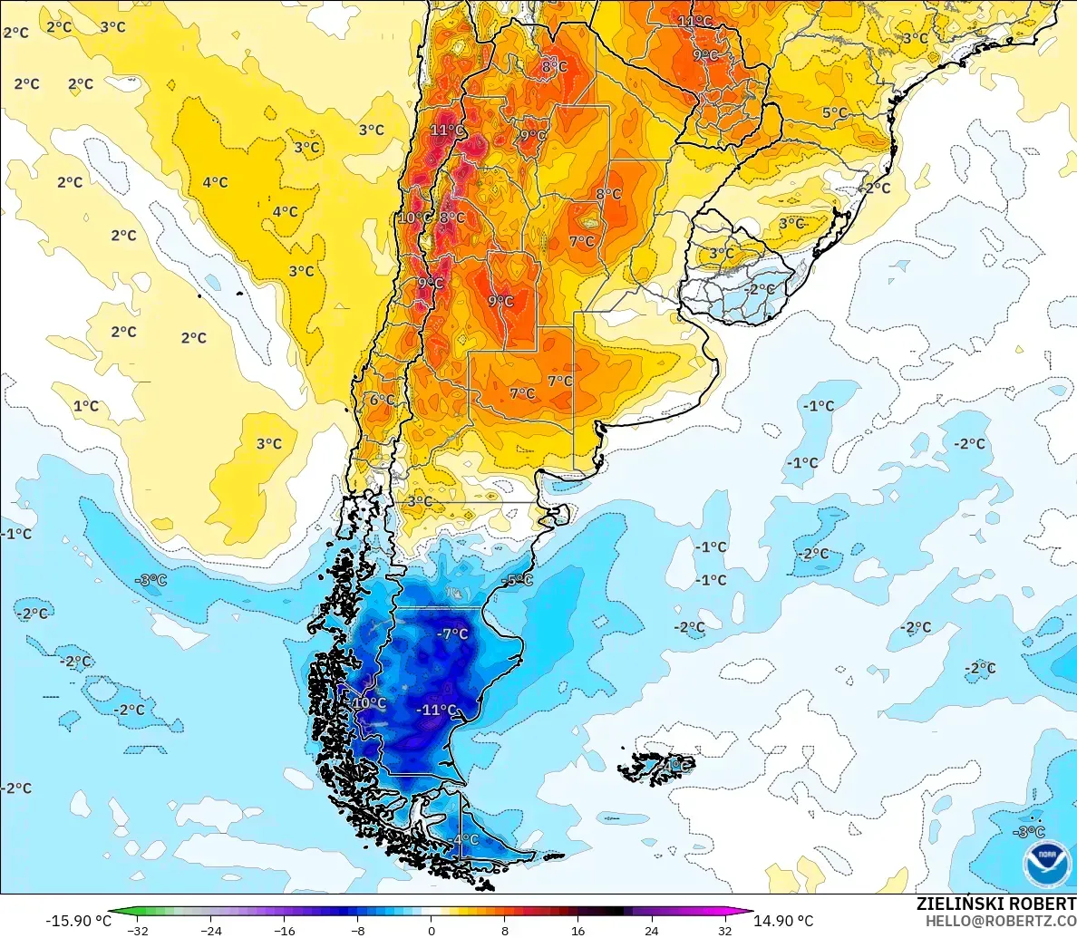 GFS modelo - Argentina, Anomalia de temperatura a 2 m