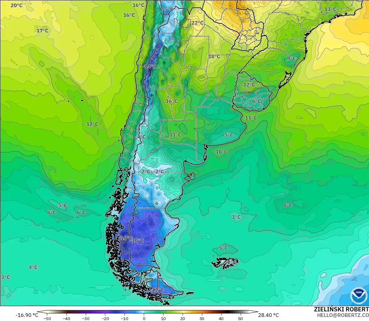 GFS modelo - Argentina, Temperatura a 2 m