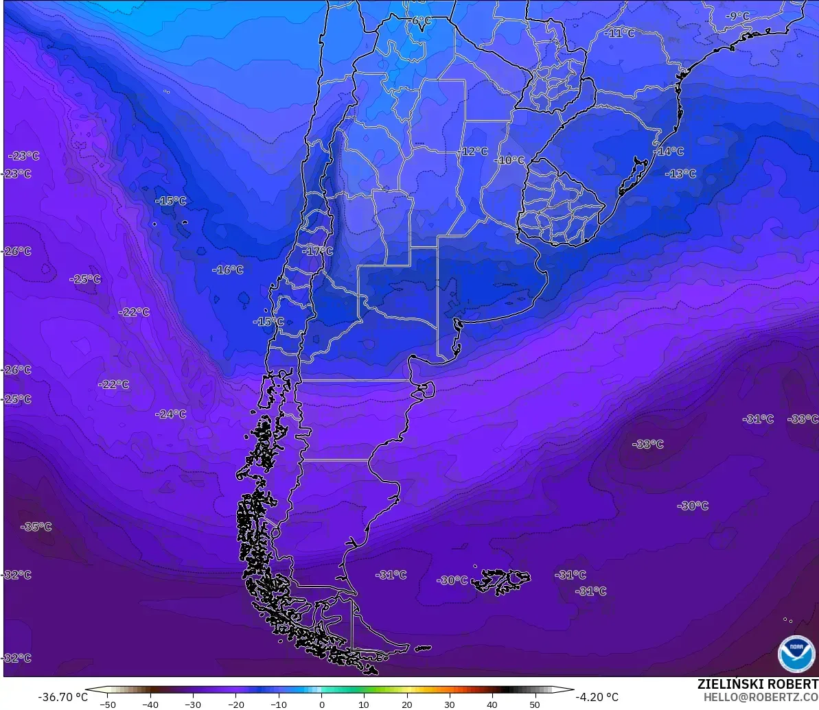 GFS modelo - Argentina, Temperatura a 500 hPa
