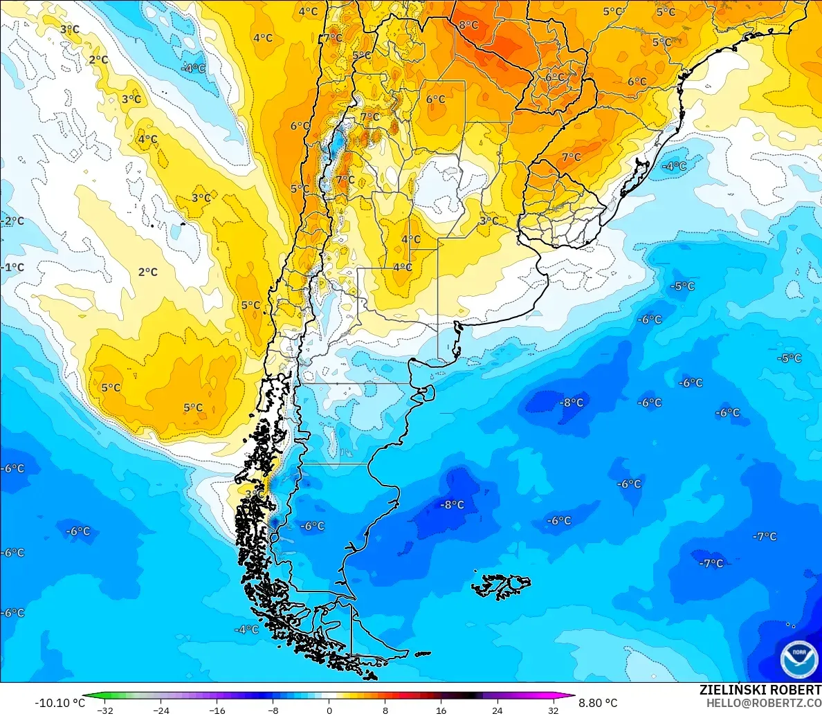 GFS modelo - Argentina, Anomalia de temperatura a 850 hPa