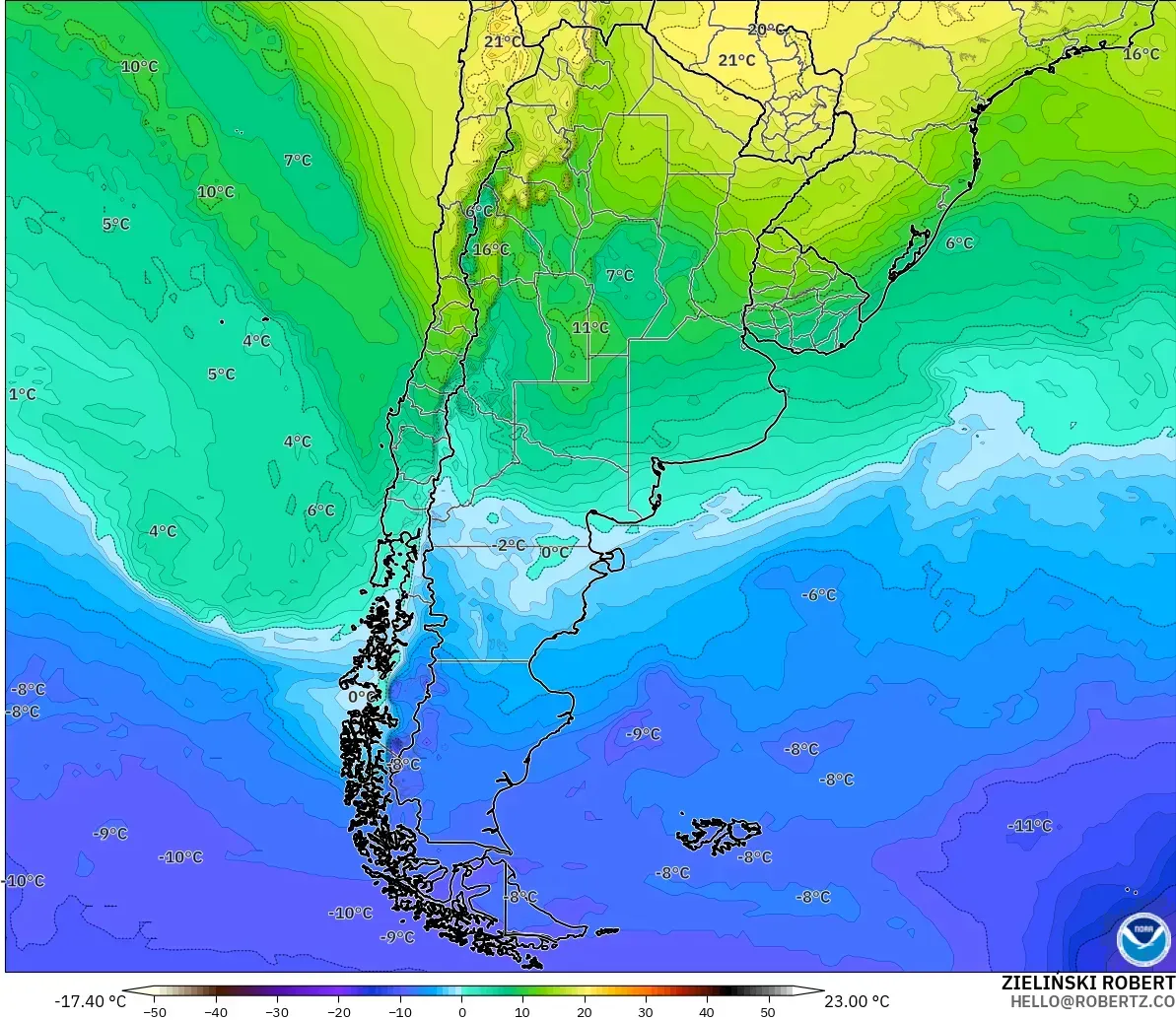 GFS modelo - Argentina, Temperatura a 850 hPa