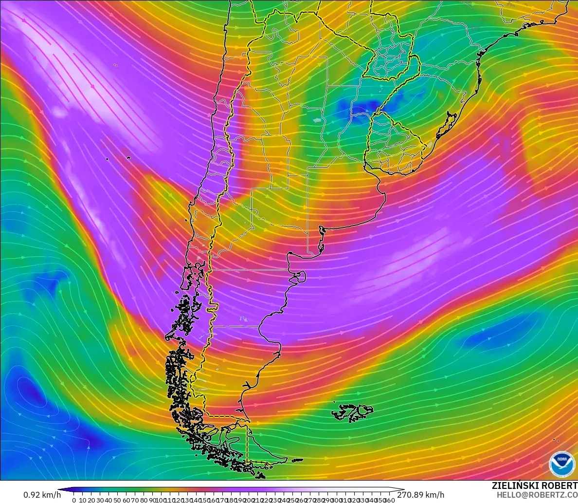 GFS modelo - Argentina, Vento a 300 hPa (corrente em jato)