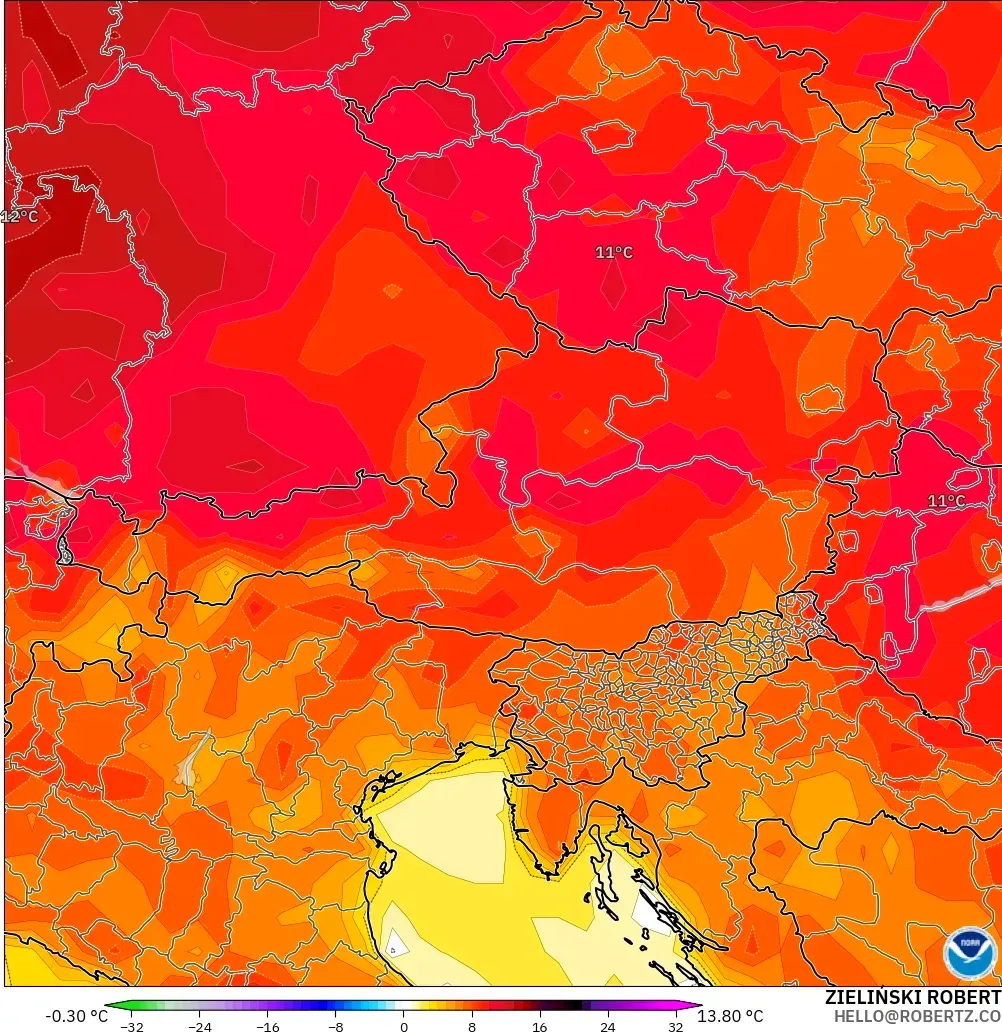 GFS modelo - Áustria, Anomalia de temperatura a 2 m