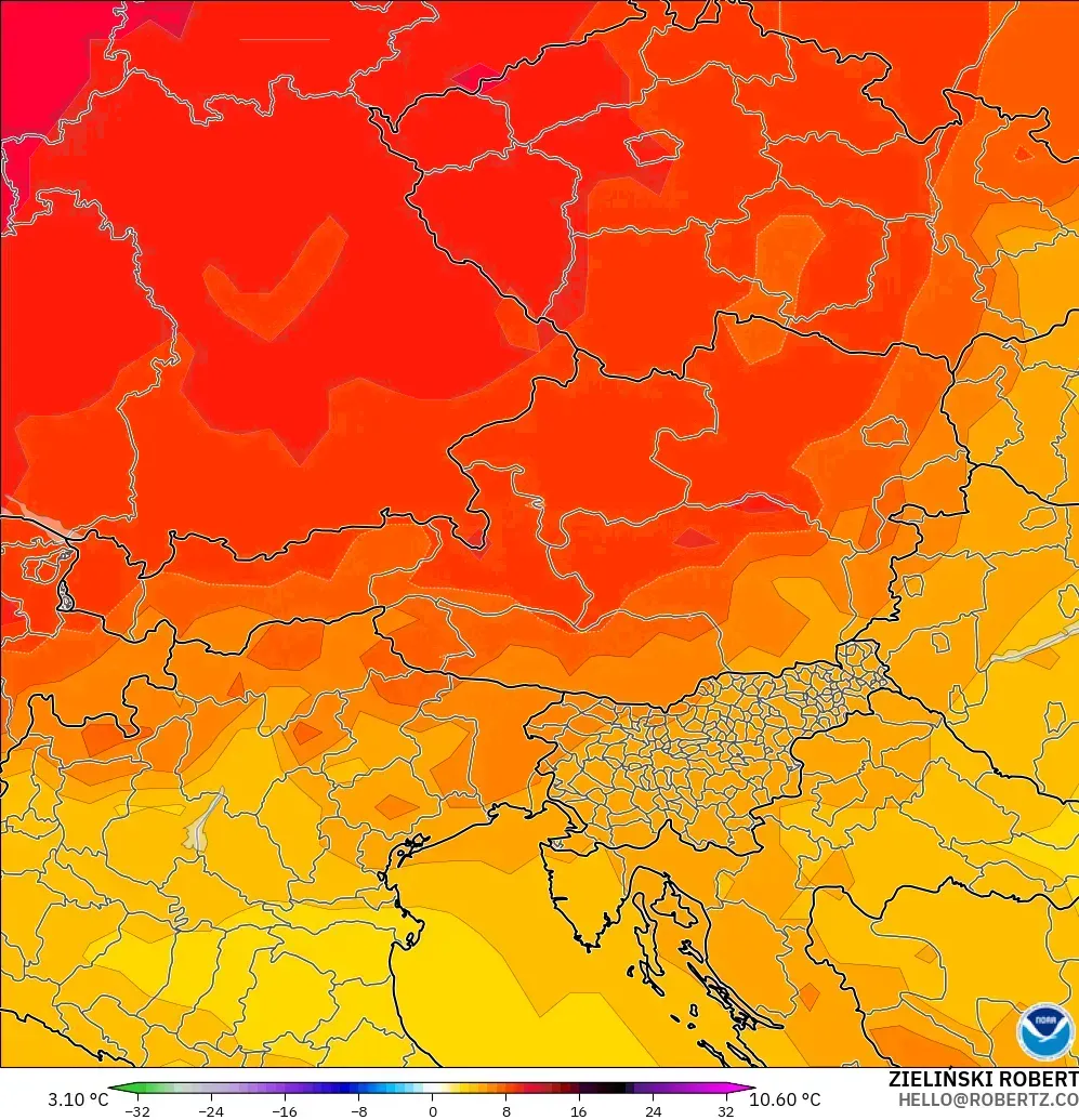 GFS modelo - Áustria, Anomalia de temperatura a 850 hPa