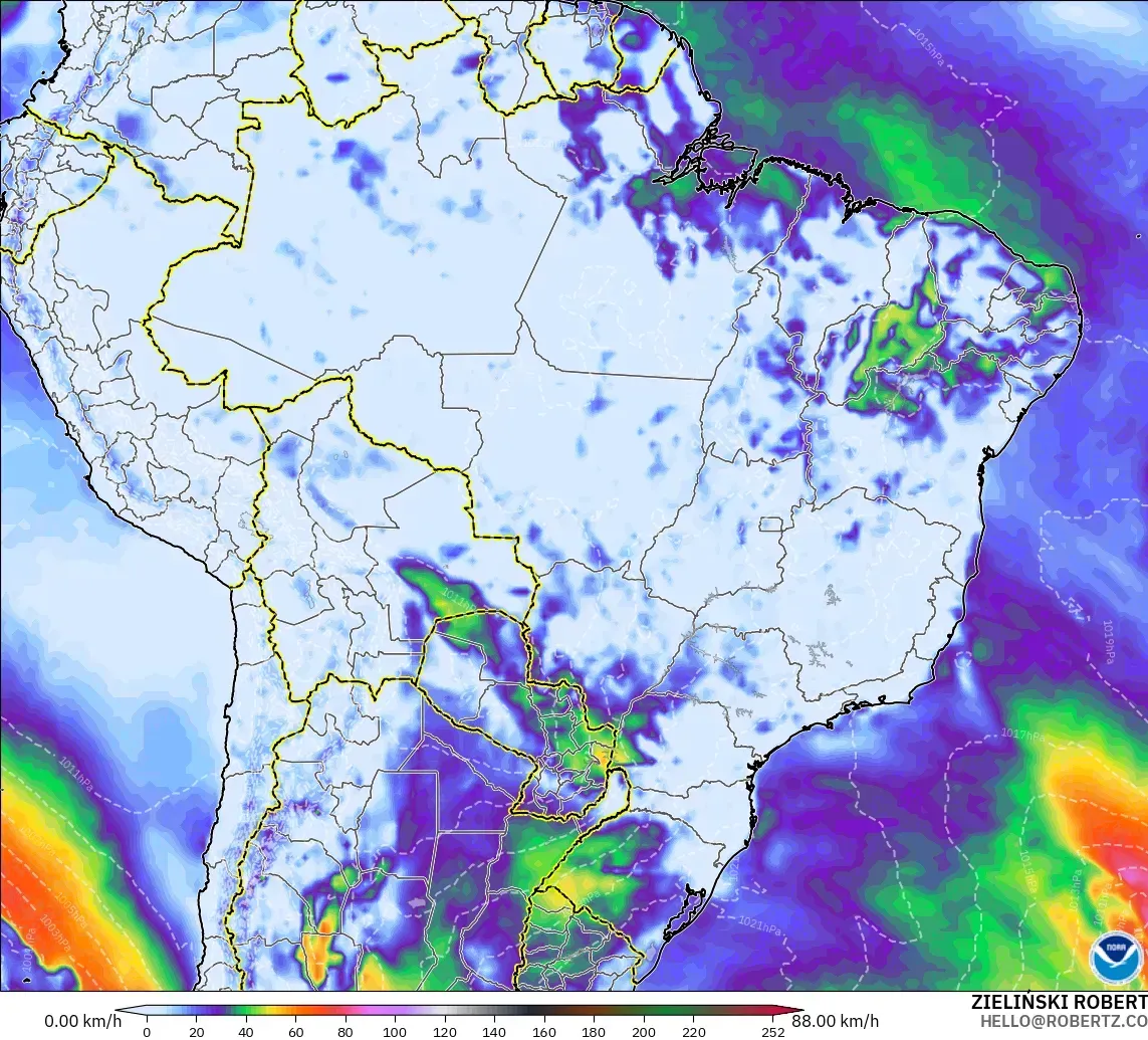GFS modelo - Brasil, Rajadas de Vento Máximas