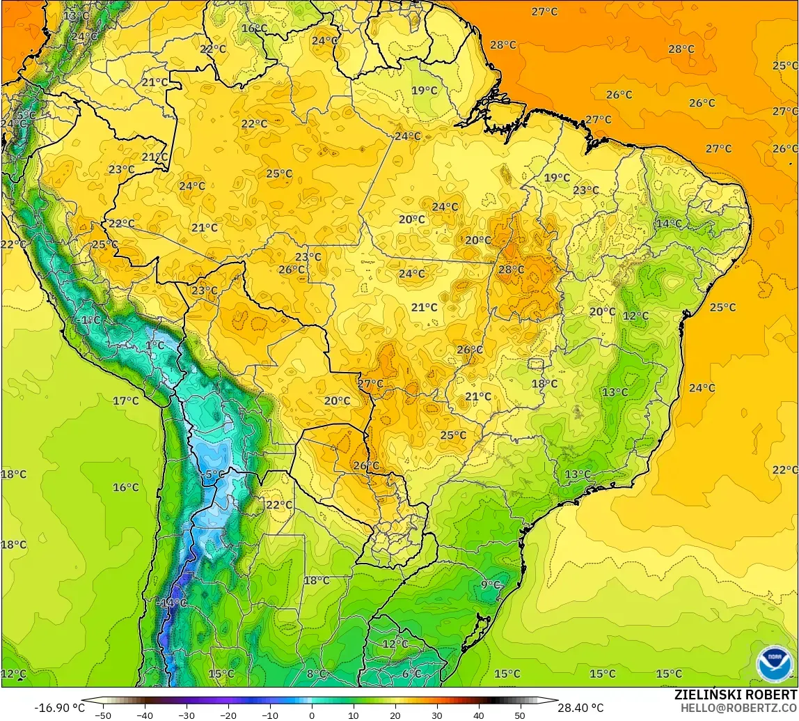 GFS modelo - Brasil, Temperatura a 2 m