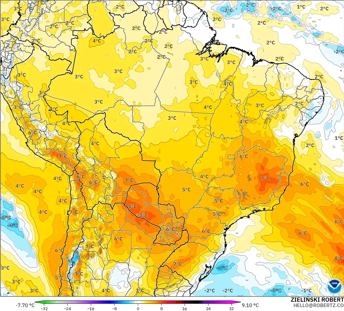 GFS modelo - Brasil, Anomalia de temperatura a 850 hPa