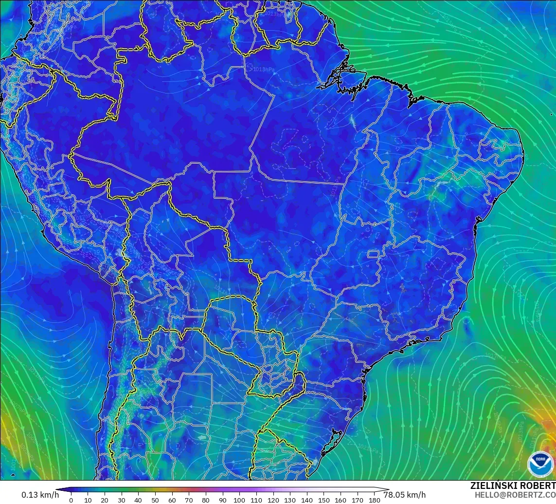 GFS modelo - Brasil, Vento a 10 m