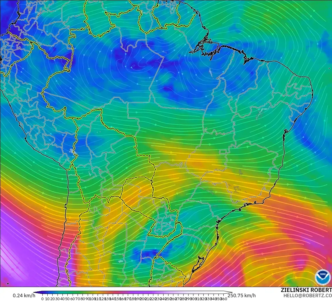 GFS modelo - Brasil, Vento a 300 hPa (corrente em jato)
