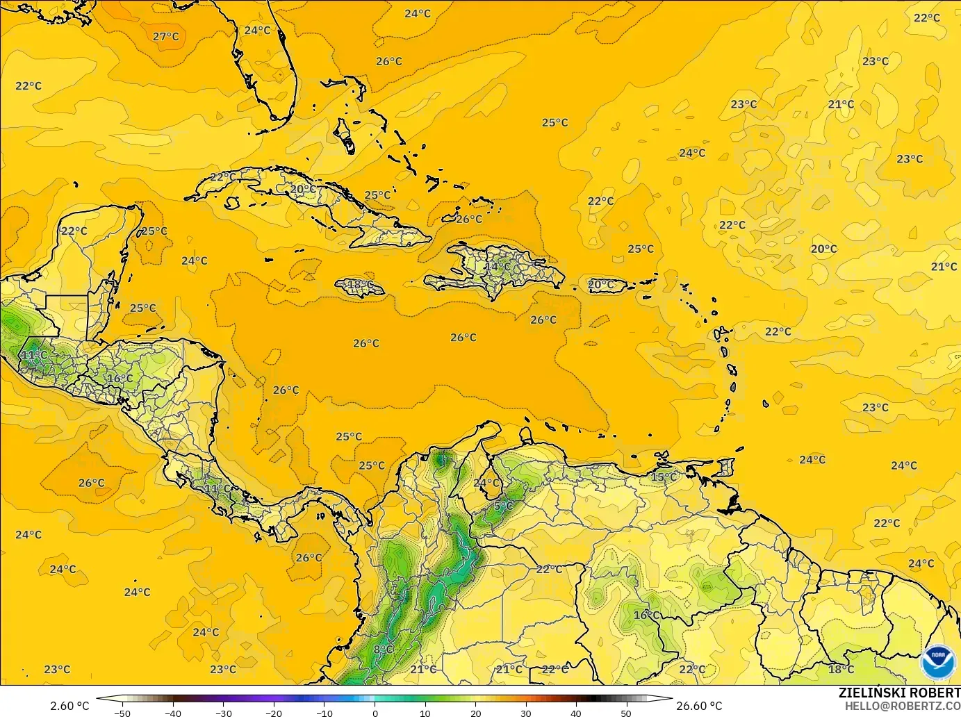 GFS modelo - Caribe, Ponto de orvalho a 2 m