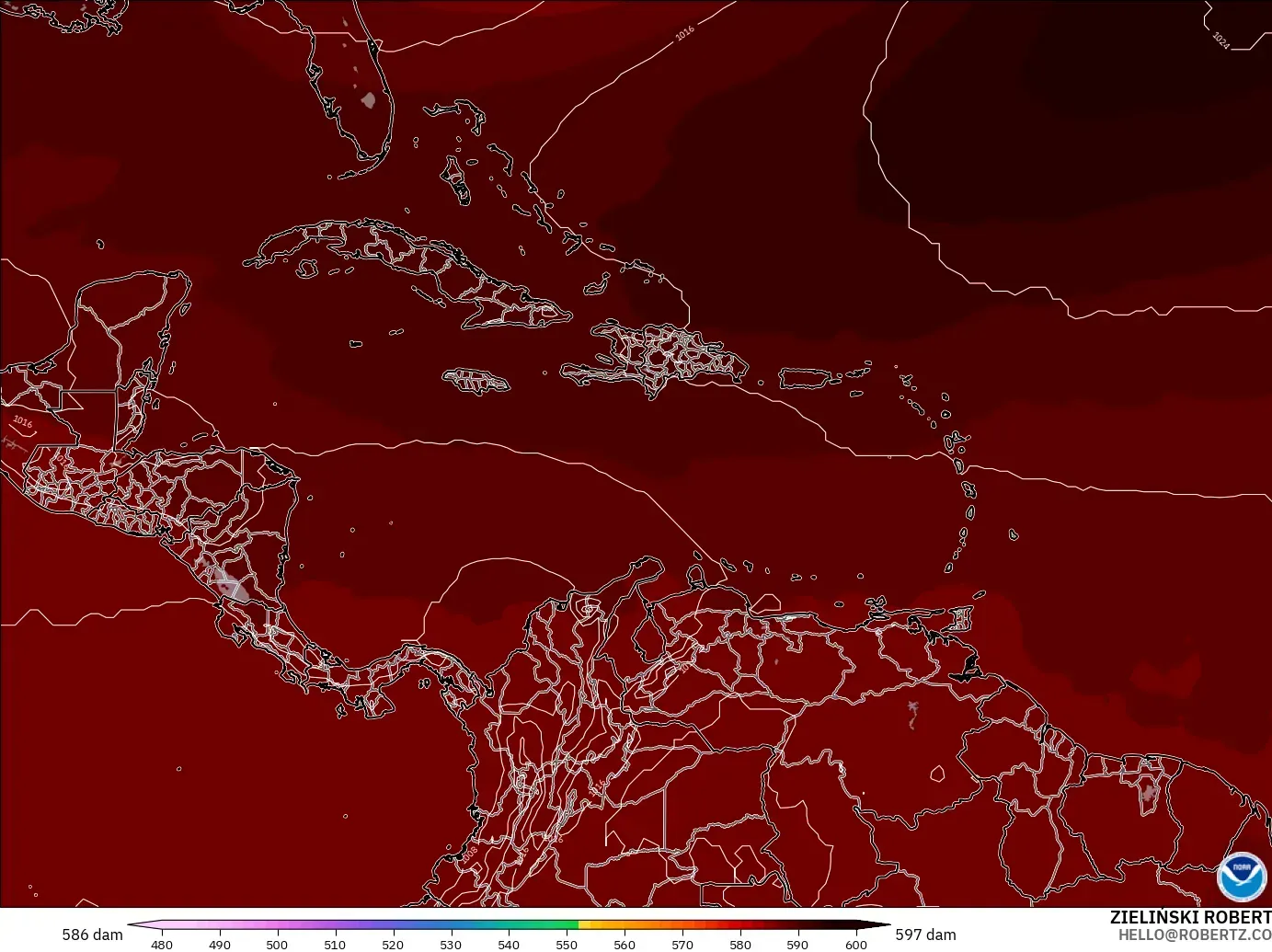GFS modelo - Caribe, Altura geopotencial a 500 hPa