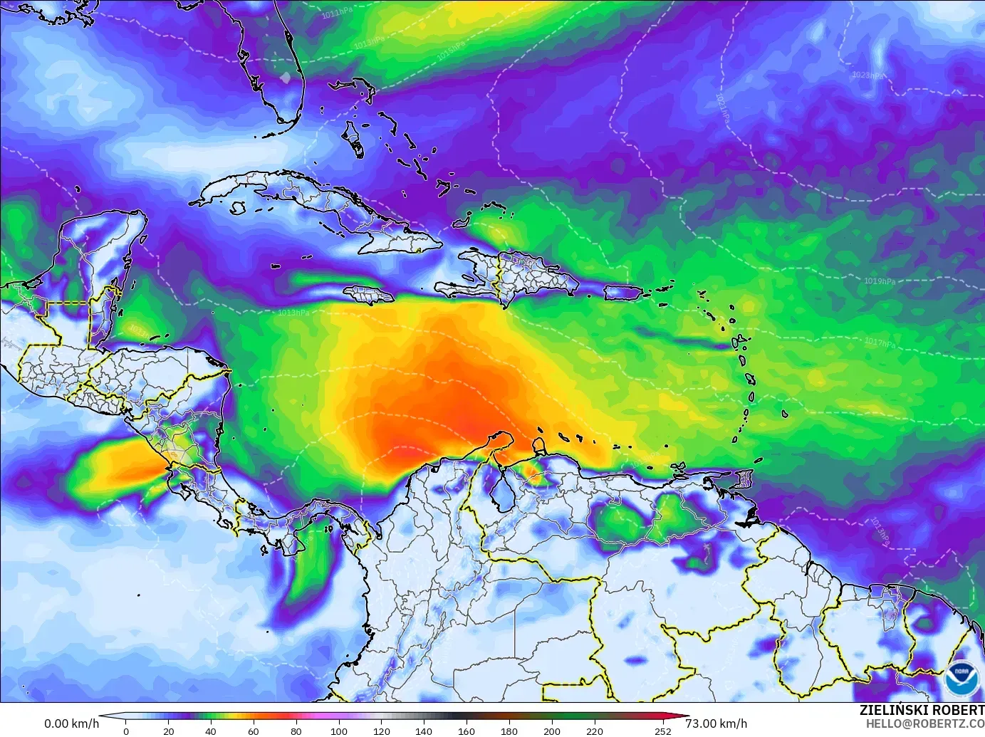 GFS modelo - Caribe, Rajadas de vento