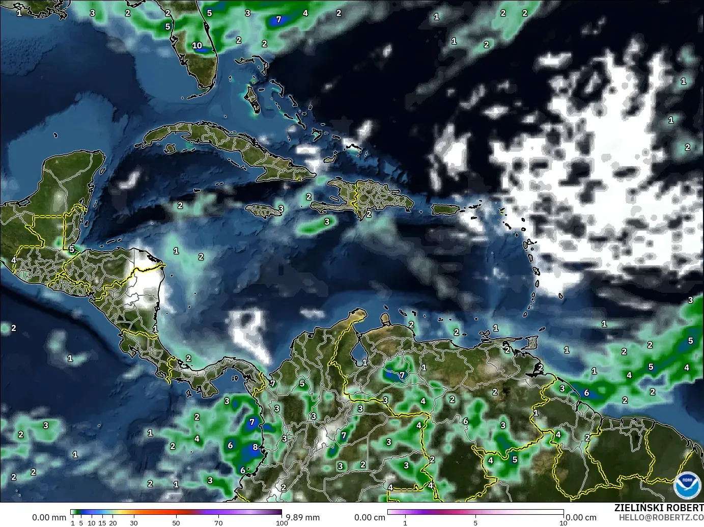 GFS modelo - Caribe, Precipitação, nuvens e pressão
