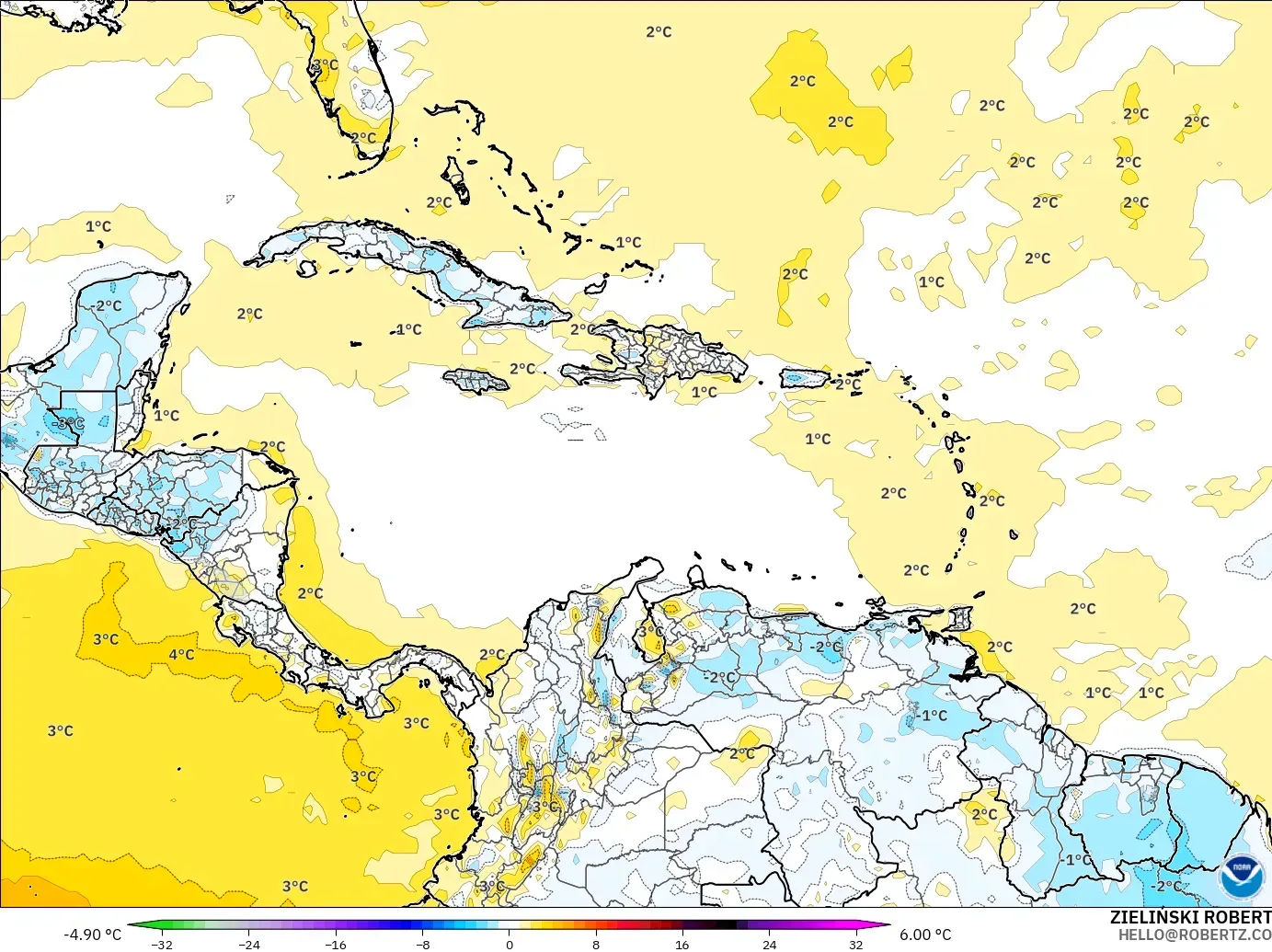 GFS modelo - Caribe, Anomalia de temperatura a 2 m