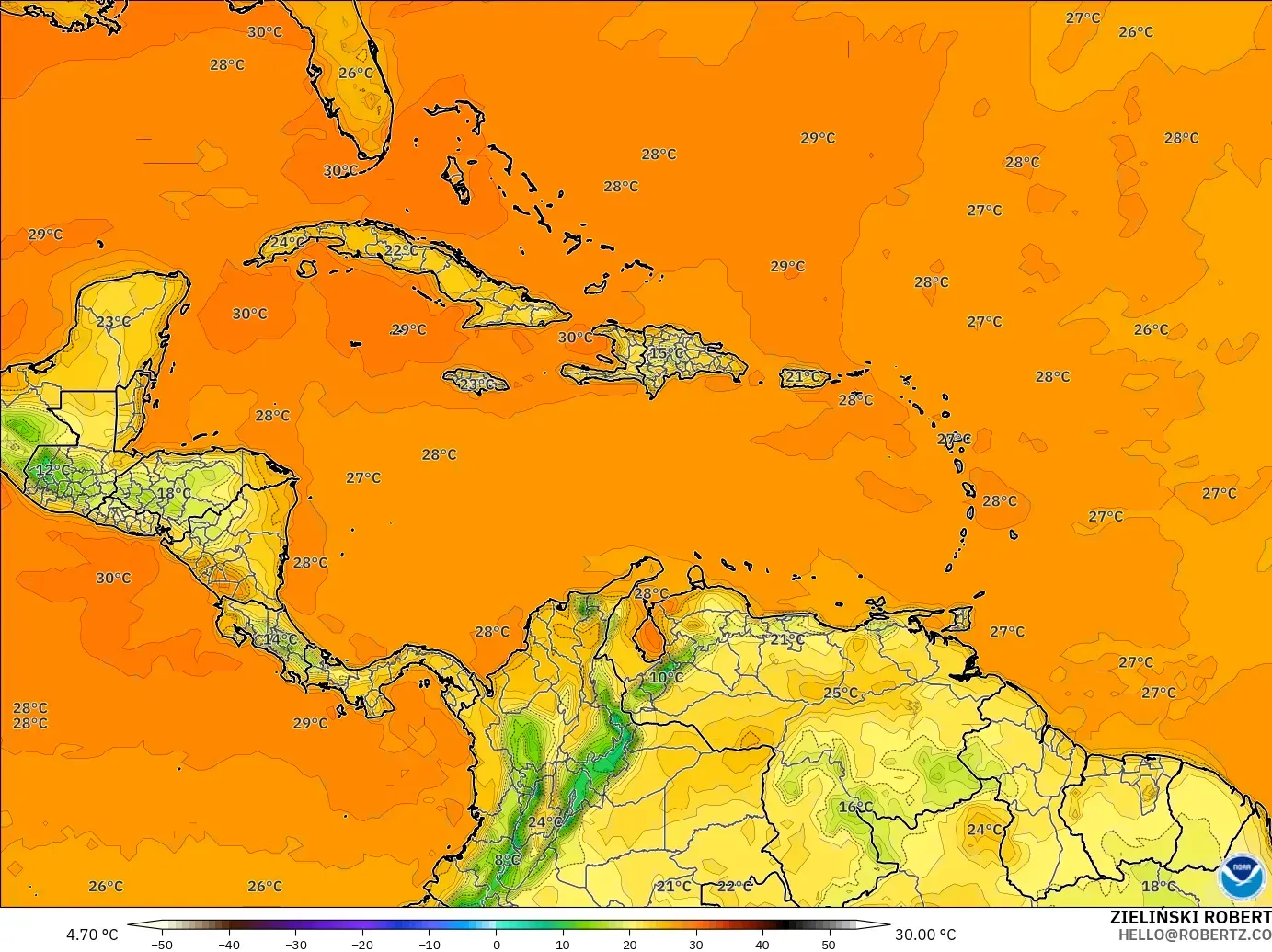 GFS modelo - Caribe, Temperatura a 2 m