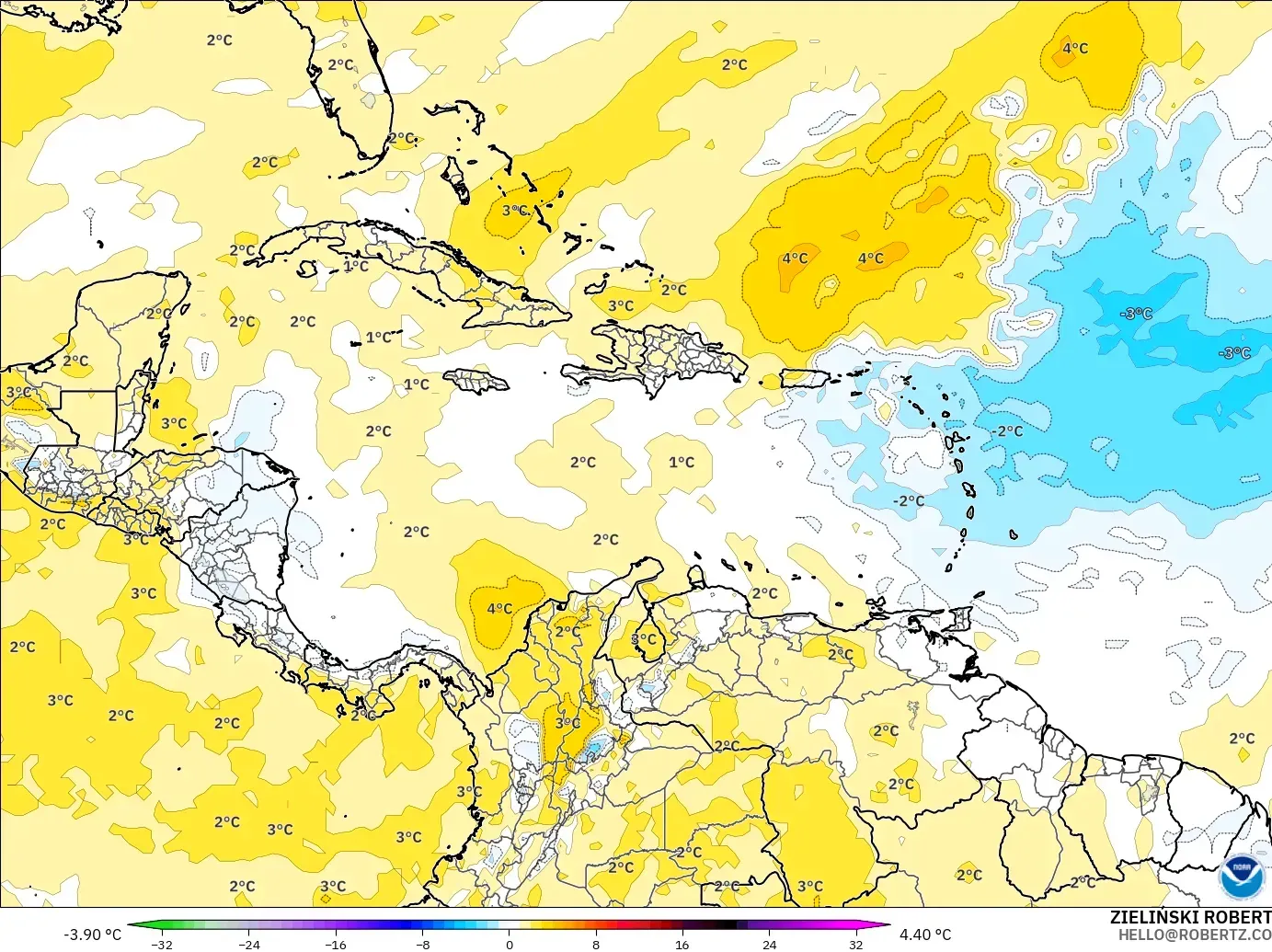 GFS modelo - Caribe, Anomalia de temperatura a 850 hPa