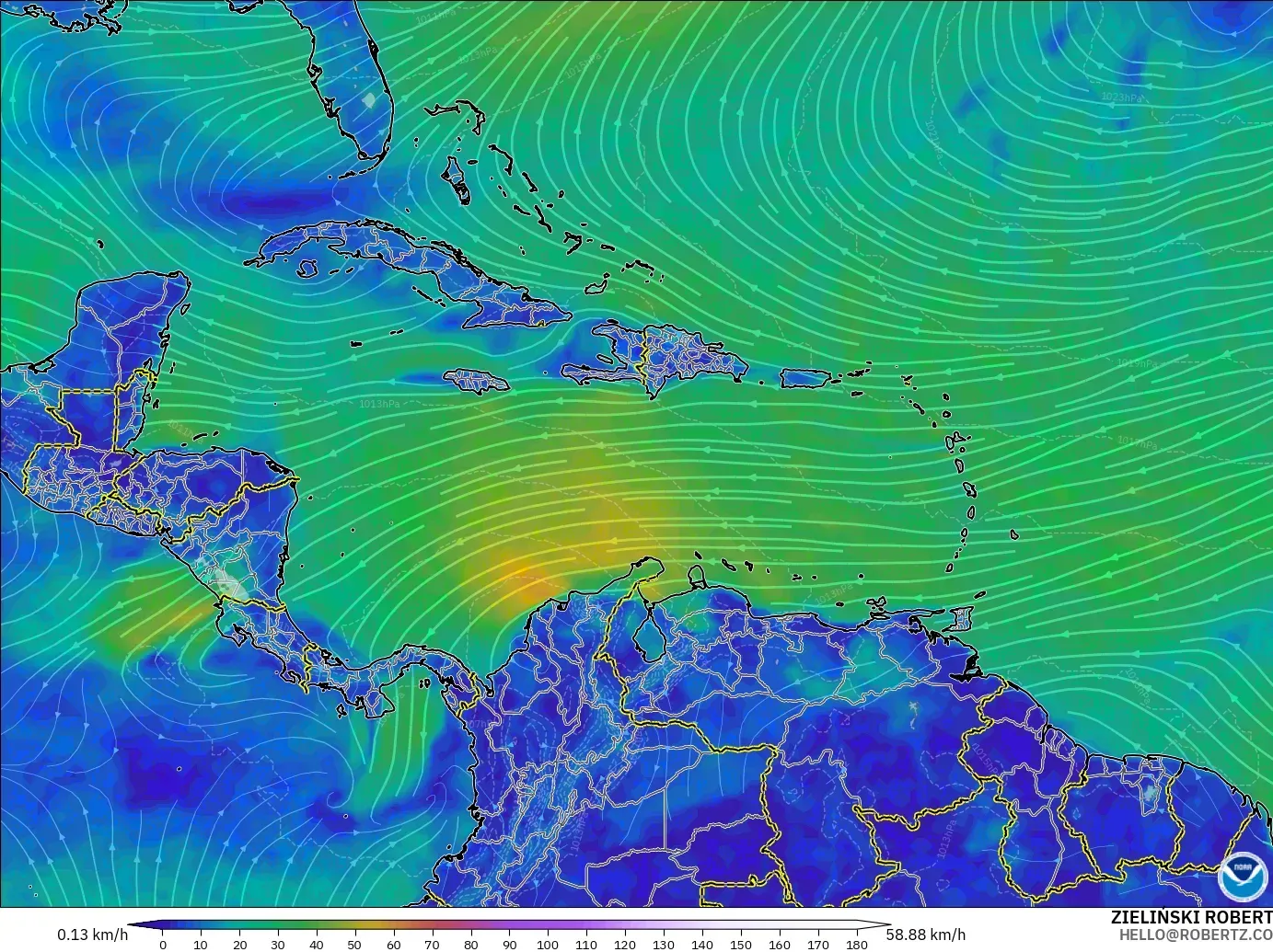 GFS modelo - Caribe, Vento a 10 m
