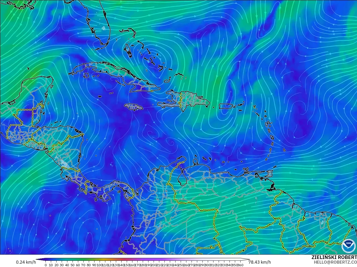 GFS modelo - Caribe, Vento a 300 hPa (corrente em jato)