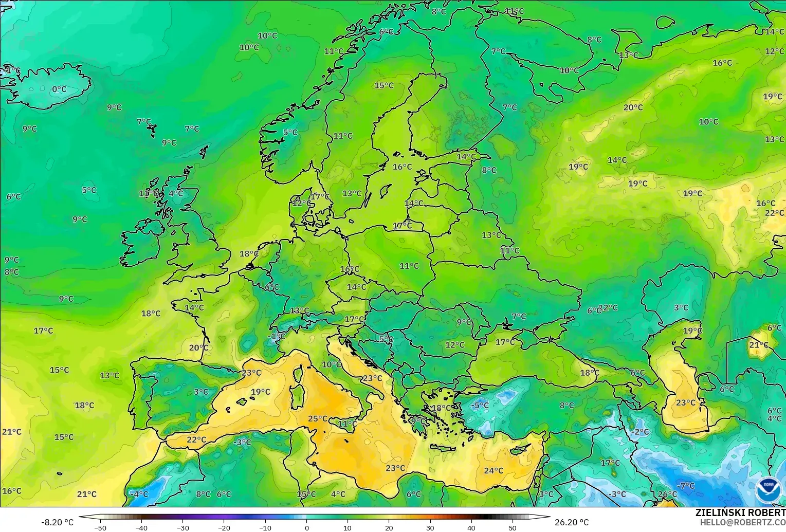 GFS modelo - Europa, Ponto de orvalho a 2 m